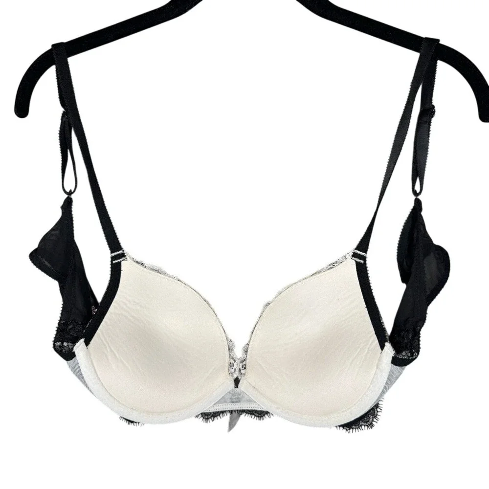 Victoria's Secret‎ Dream Angel's Push-up Bra Black Eyelash Lace White Satin 36A